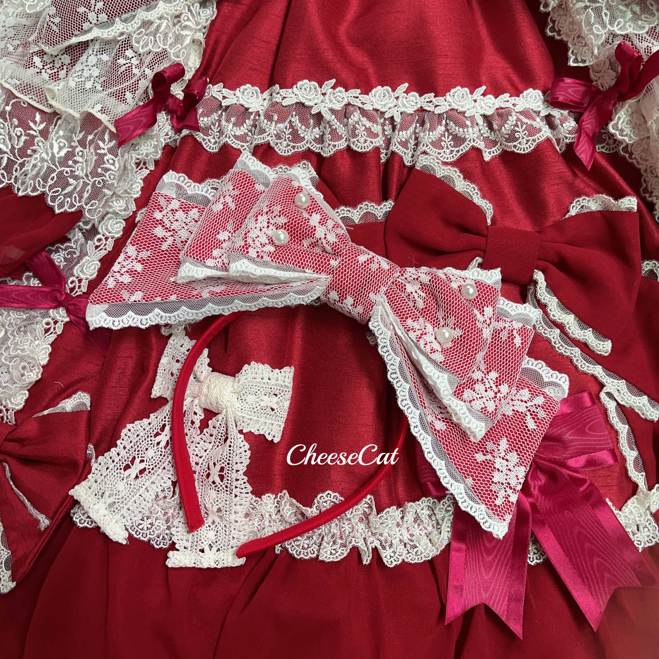 Cheese Cat - Sweet Lolita KC Lace Butterfly Lolita KC with Pearl dark red KC