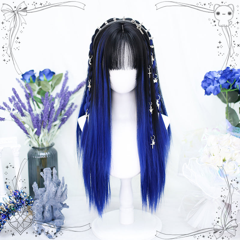 Dalao Home~Place of Return~Natural Lolita Medium Length Straight Wig black and blue wig with a hair net  