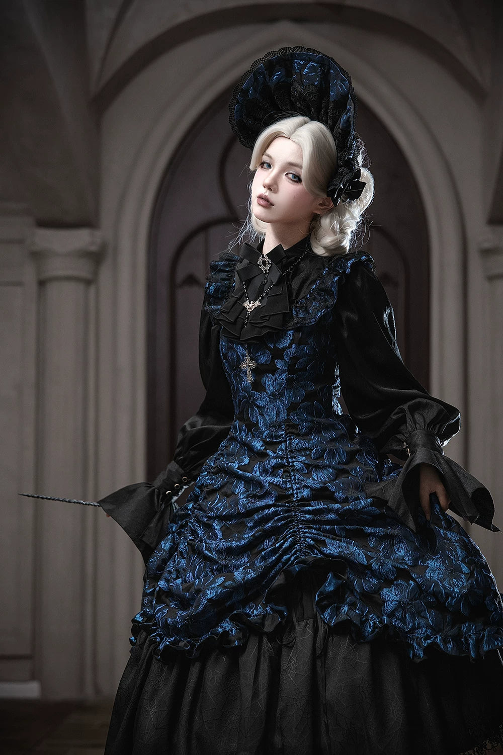 Midnight Lily - Gothic Lolita Lily Jacquard JSK Dress, Drawstring Lift-up Hem 45765:861805