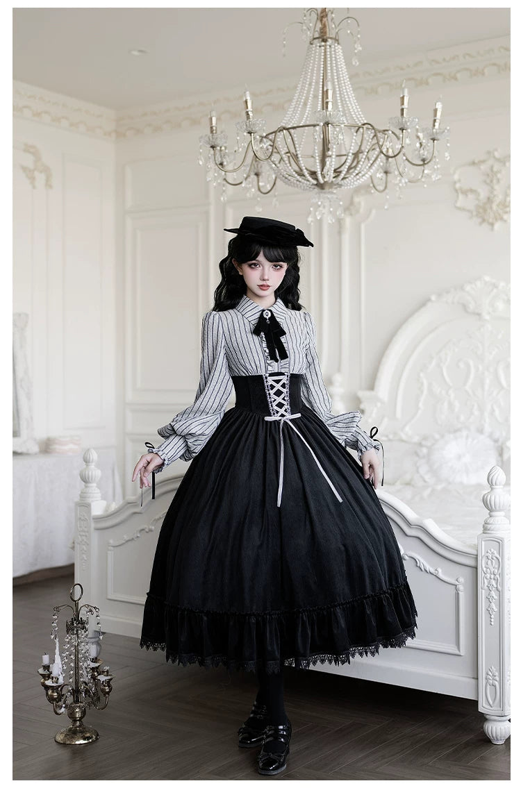 Dusk Moment - Classic Lolita Striped OP & Mermaid Dress Set, Fishbone Waist 44498:810689