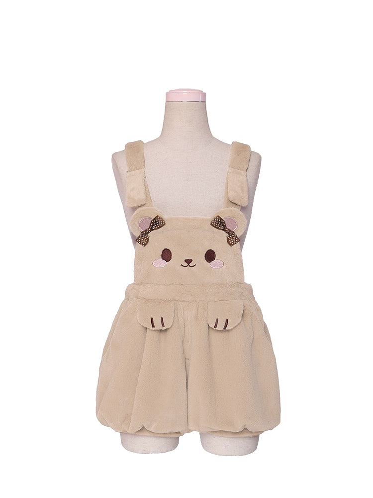 To Alice~A Litter Of Rabbits Bears~Winter Lolita Suspender Trousers Kawaii Short Plush Bib Pants   