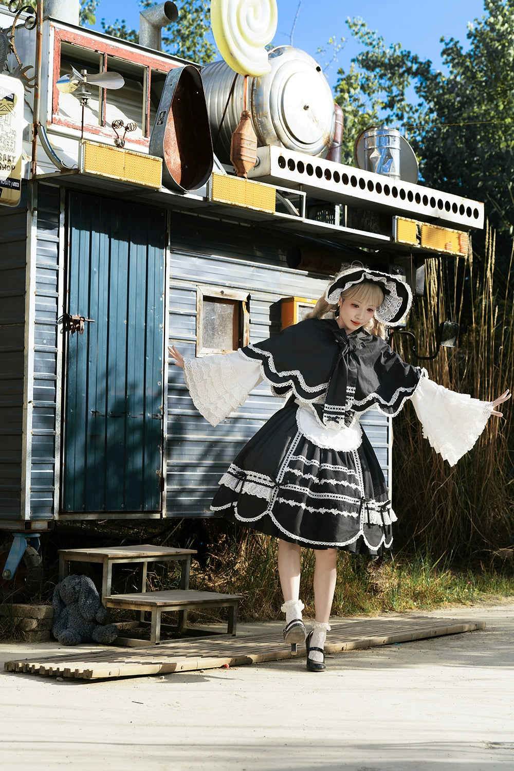 Vintage Petal Rabbit - Pure Cotton Kawaii Lolita Cape With Rabbit Ear Hood 43138:767098