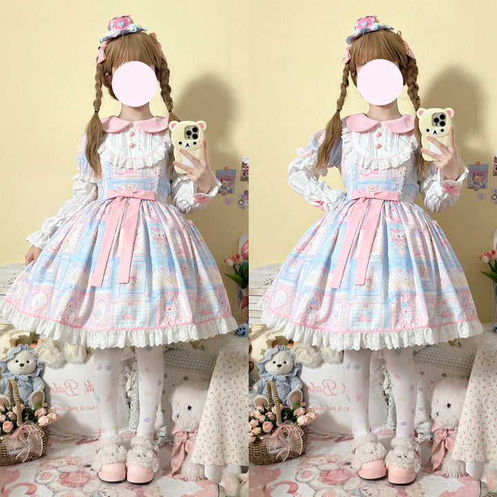 (BFM)Hanguliang~Sweet Bunny Bear~Sweet Lolita Dress Long Sleeve Winter Lolita OP M Blue OP + Folding Box 