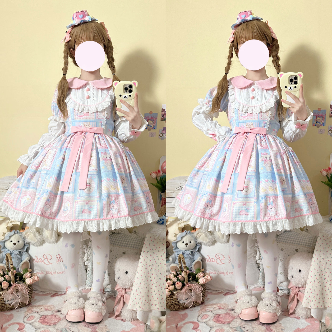 (BFM)Hangulian~Sweet Bunny Bear~Sweet Lolita Dress Long Sleeve Winter Lolita OP M Blue OP + Folding Box 