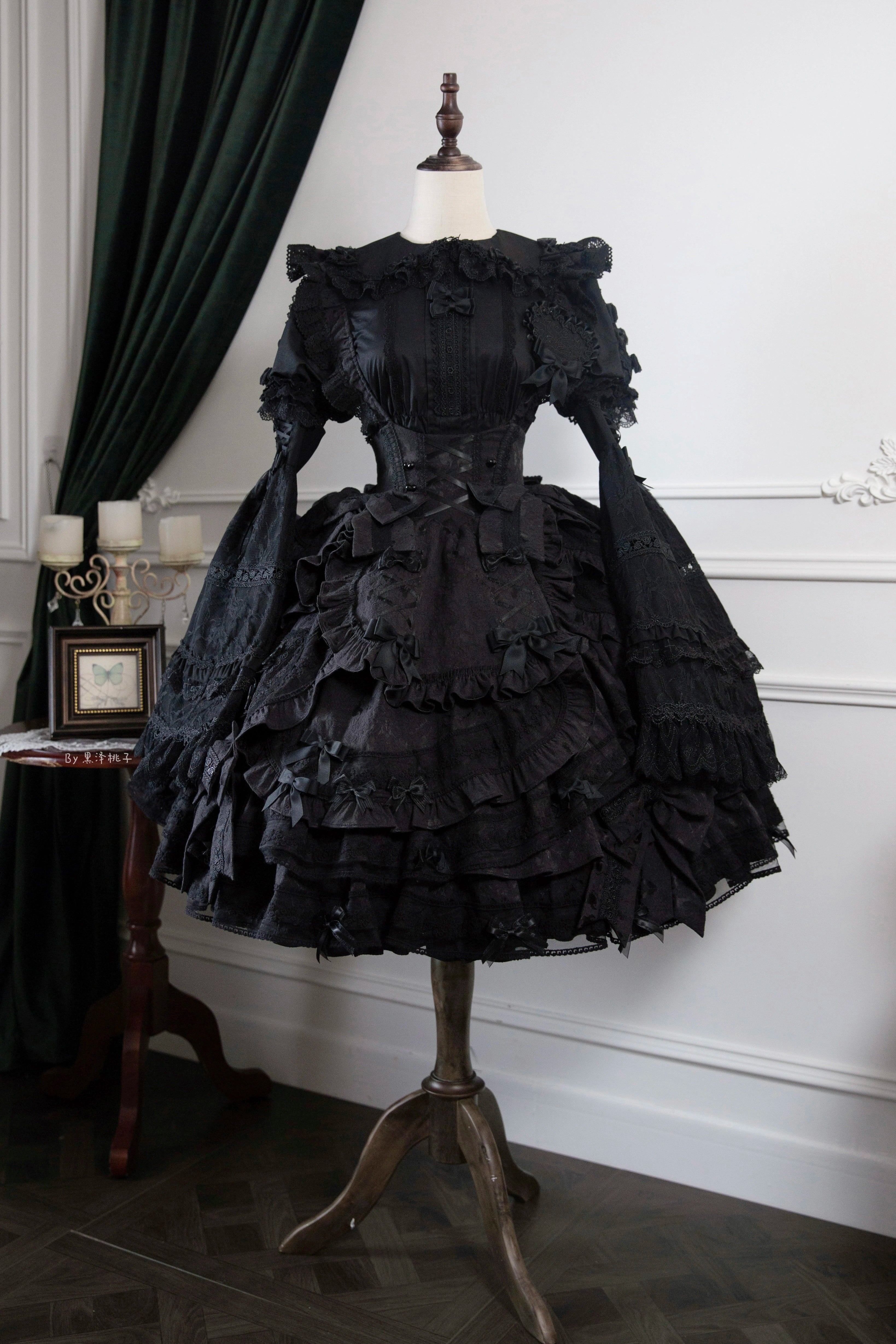 Lost Aqua - Vintage Lolita Dress Set Cotton Shirt XS Black JSK