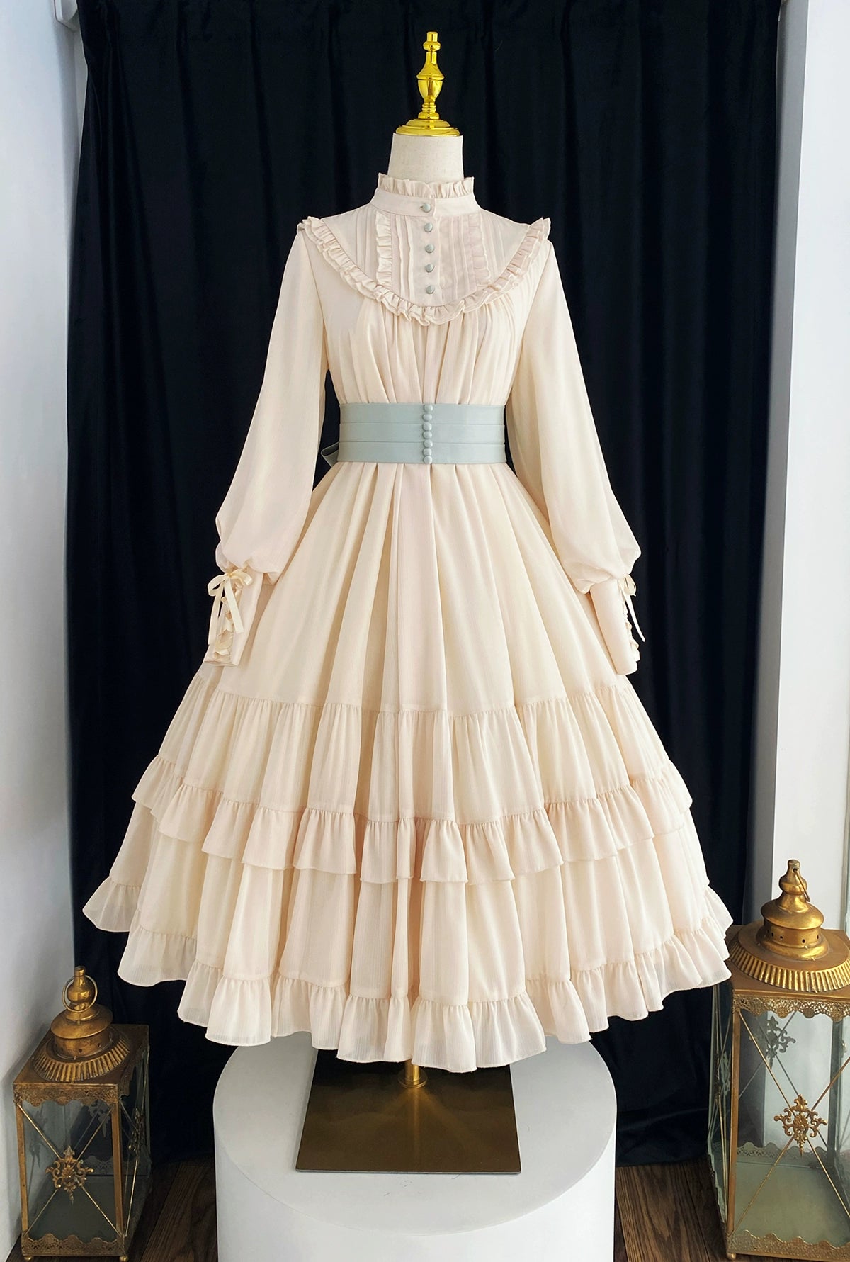 Little Dipper~Windsor Princess~Elegant Lolita Dress Stand Collar OP Dress Multicolors S light apricot wide waistband short dress 