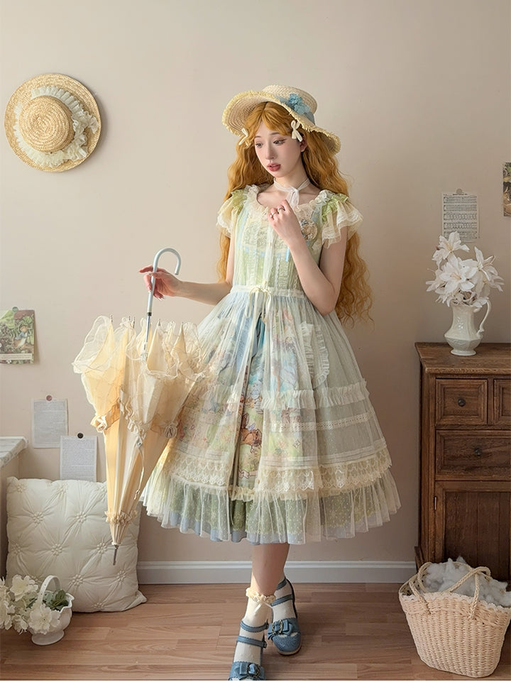 Strawberry Fantasia~Spring Bloom~Country Lolita JSK Set with Animal Prints and Overlay Tulle overlay only S