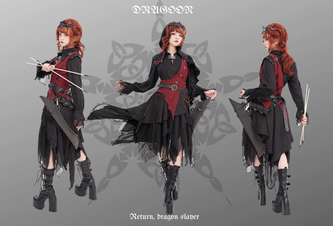 Wuyuzhe~Dragon Knight 2.0 Version~Western Fantasy Style Suit Gothic Shirt Vest Skirt free size black red FS(black shirt+red vest+black skirt+black cape) 