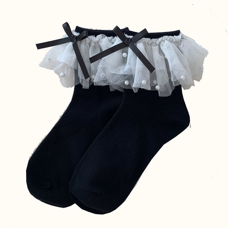 Roji Roji~Sweet Lolia Socks Mid-tube Cotton Lolita Lace Bow Socks Short Socks-Black Free size 