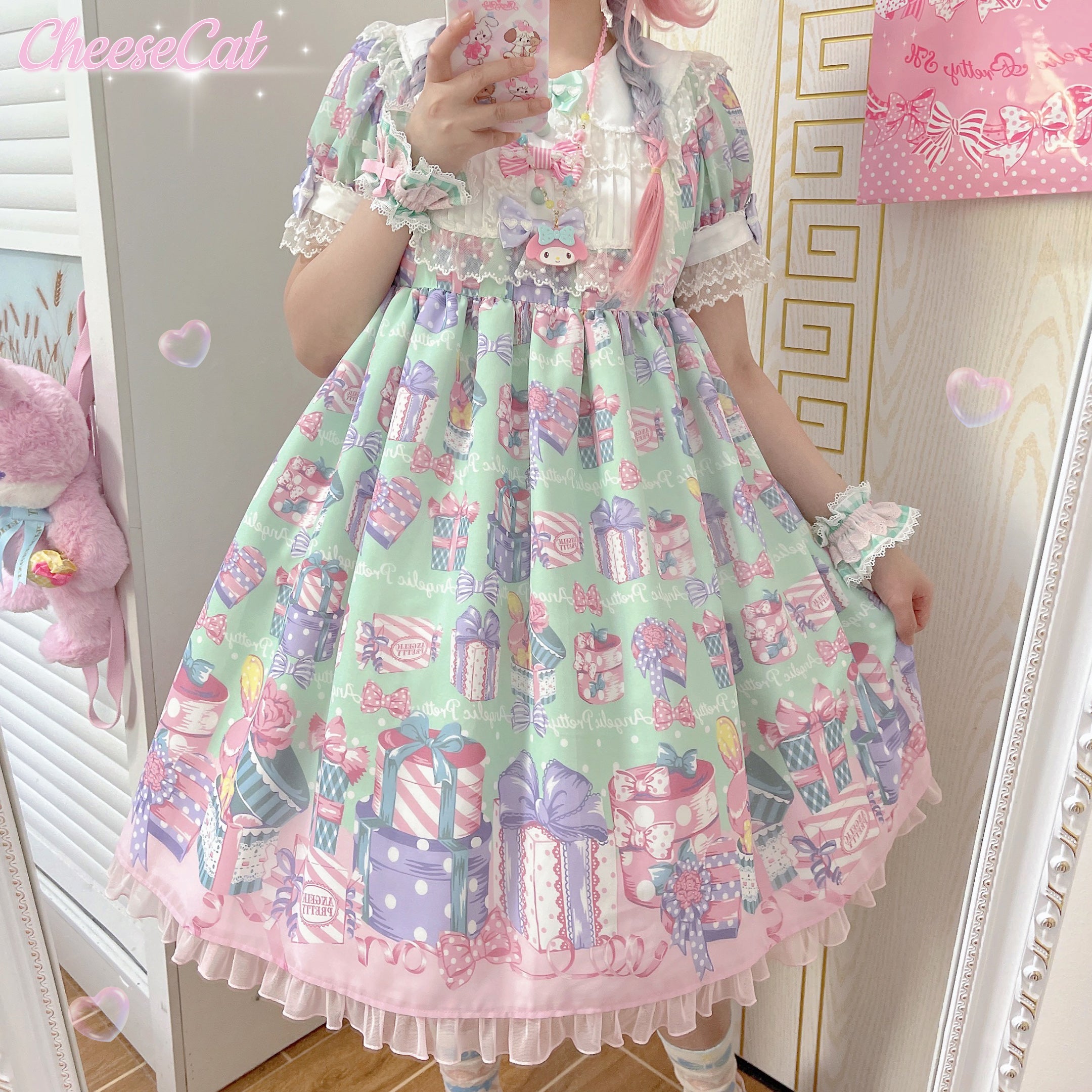 Cheese Cat - Sweet and Playful Strawberry Gingham Lace Cuffs