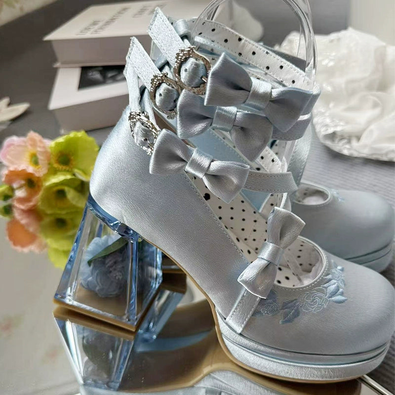 Panda Bear - Glass Floral House - Elegant Lolita Shoes,Transparent Heels with 3D Floral (Blue / 34 35 36 37 38 39 40 41) 44045:793512