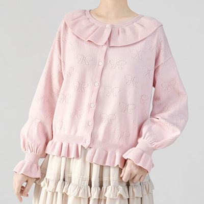 MIST~Vintage Lolita Bow Hollowed-out Sweater Ruffled Cardigan S light pink