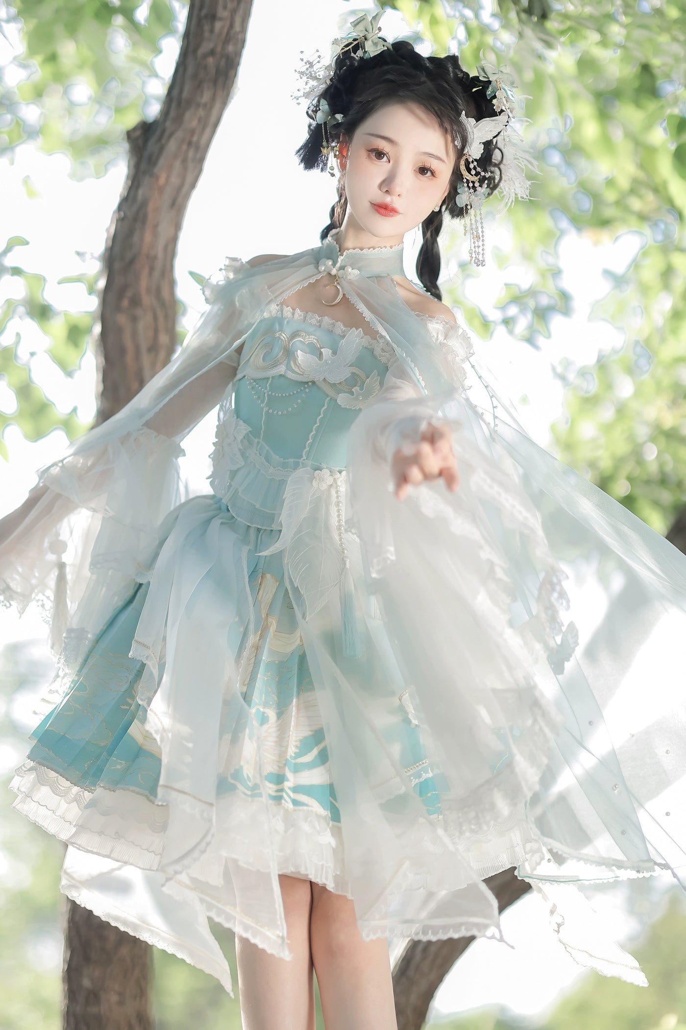 (BFM)Unicorn Wing~Starry Mirror Phoenix~Chinese Style Lolita JSK Dress Set Cyan Full Set S 