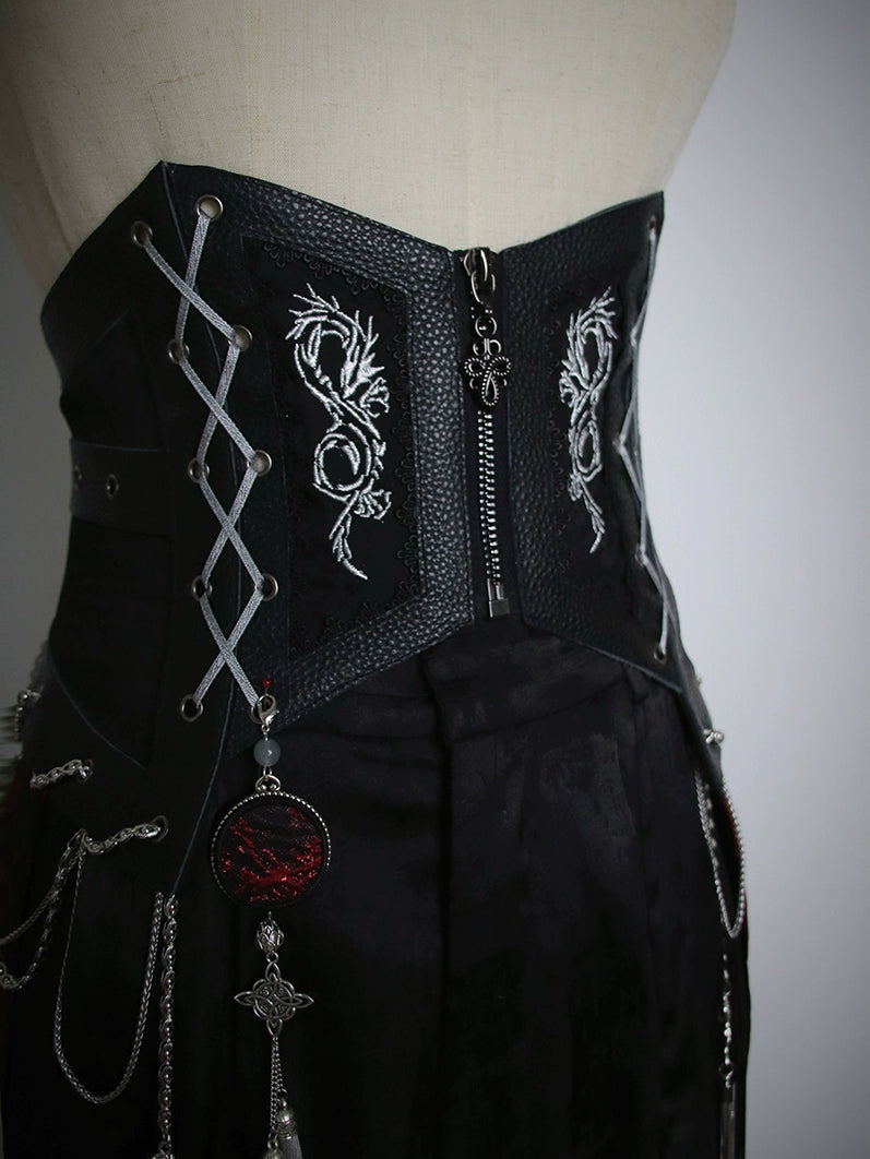 Alice Girl~Bony Dragon~Chinese Style Lolita Black V-shaped Waistband with Silver Dragon Embroidery Black (PU leather) S 