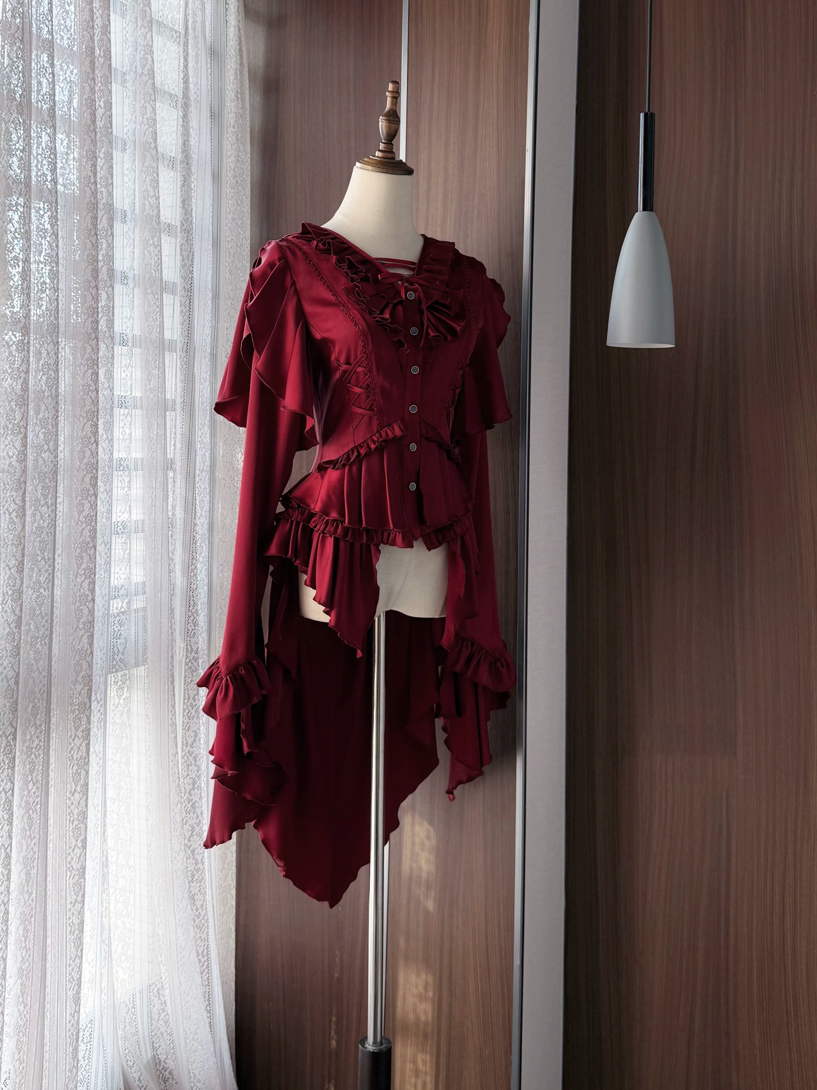 Abyssal Echo - Mermaid Inspired Ouji Lolita Shirt & Side Zipper SK Dress Burgundy - Shirt Only XS