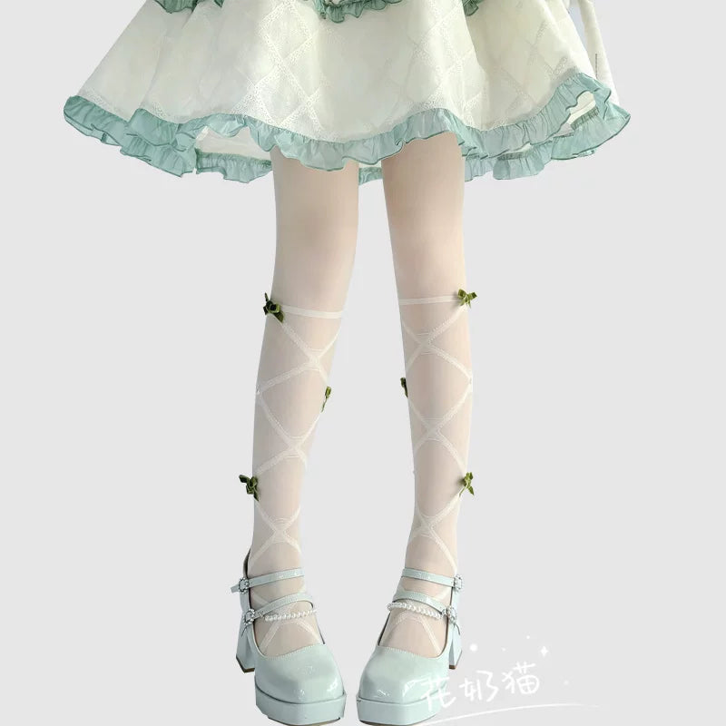 Daily Lolita Summer Pantyhose, Delicate Bows Vintage Green Bows One Size