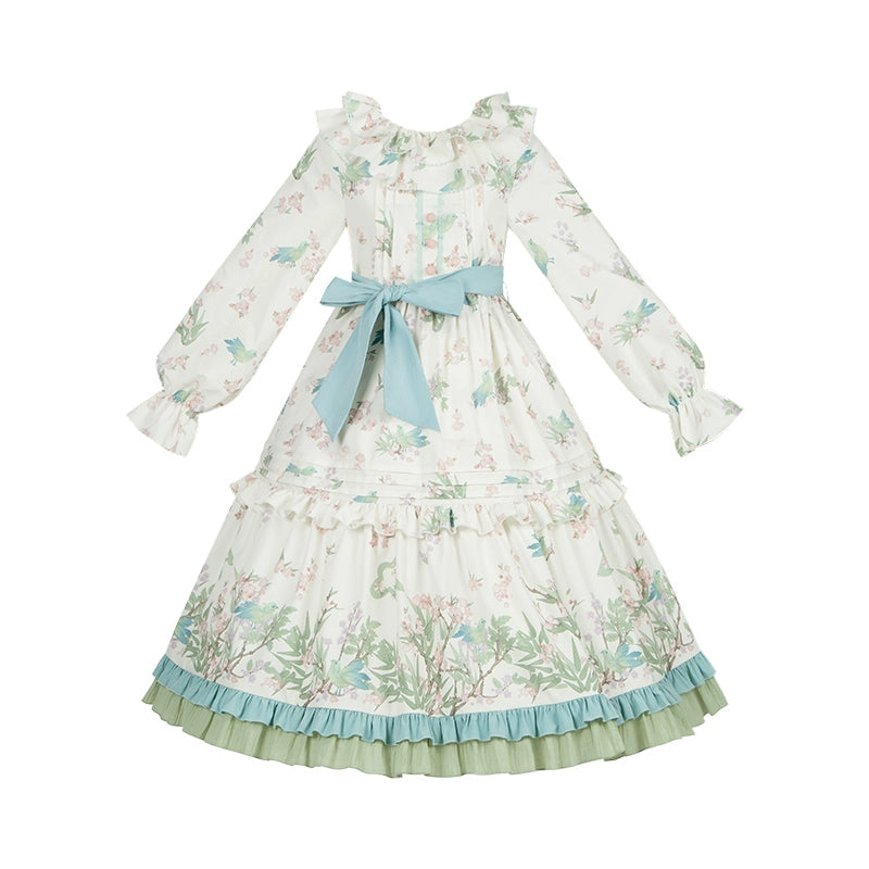 With PUJI - Oriole Time - Country Lolita JSK and OP Dress, Floral and Bird Print (L M S) 44048:794533