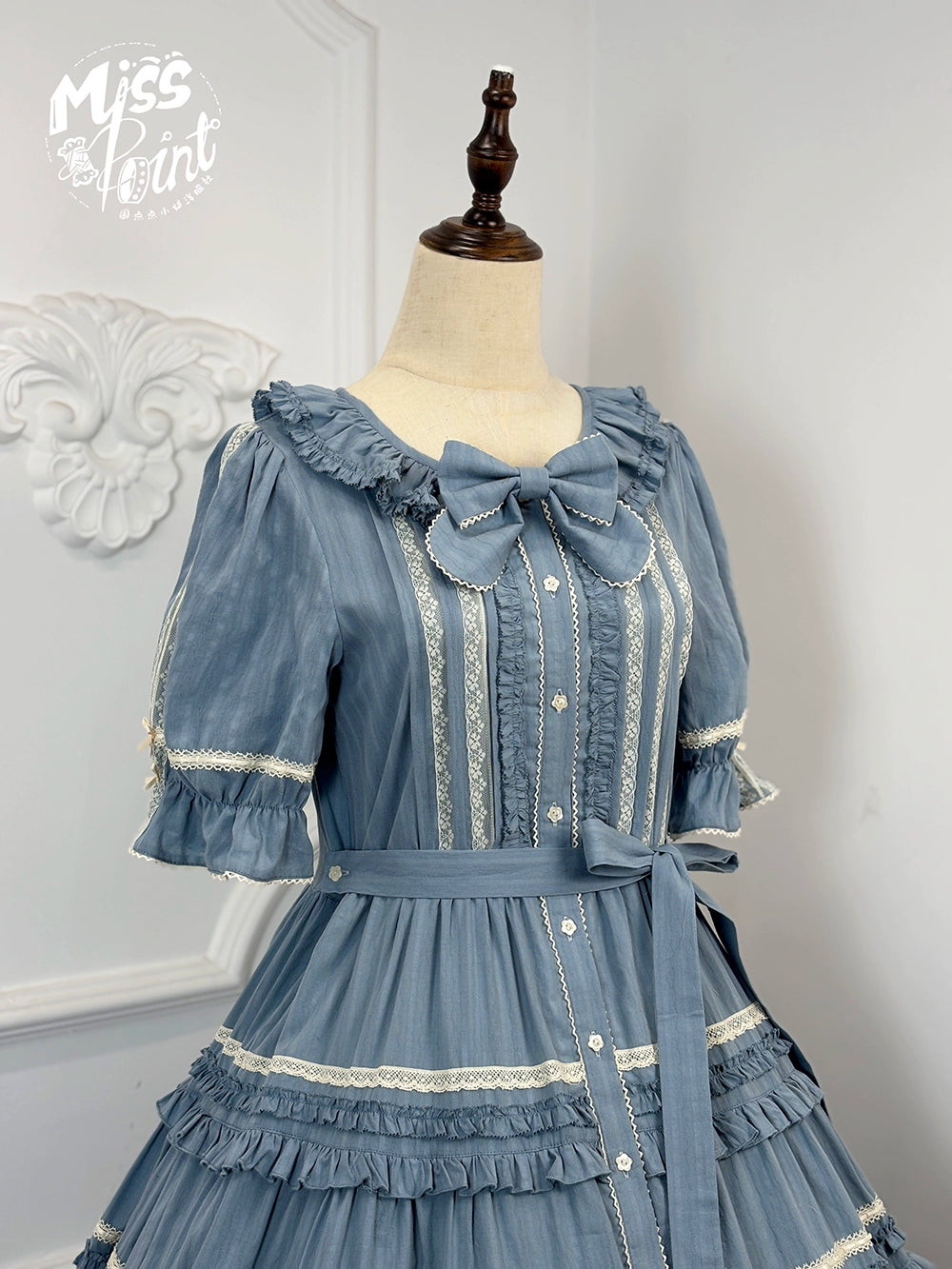 Miss Point~Cat Rose Tea~Elegant Lolita OP Open-front Short Sleeve Tiered Dress 42135:727830