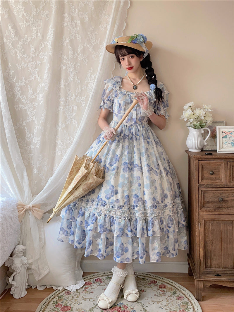 BitterSweet~Elegant Lolita Flounce Hemline OP Dress Multicolors S blue flower print dress 