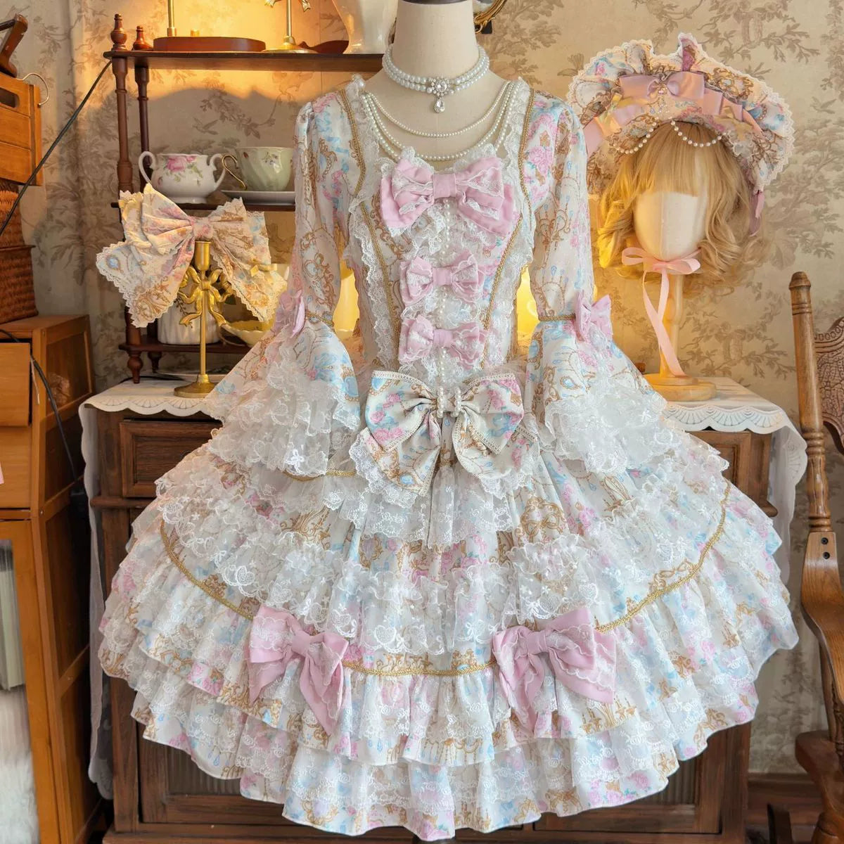 Hanguliang - Candlelight Sonata - Sweet Lolita Long Sleeve OP, Tiered Ruffles (L M S) 43988:790887