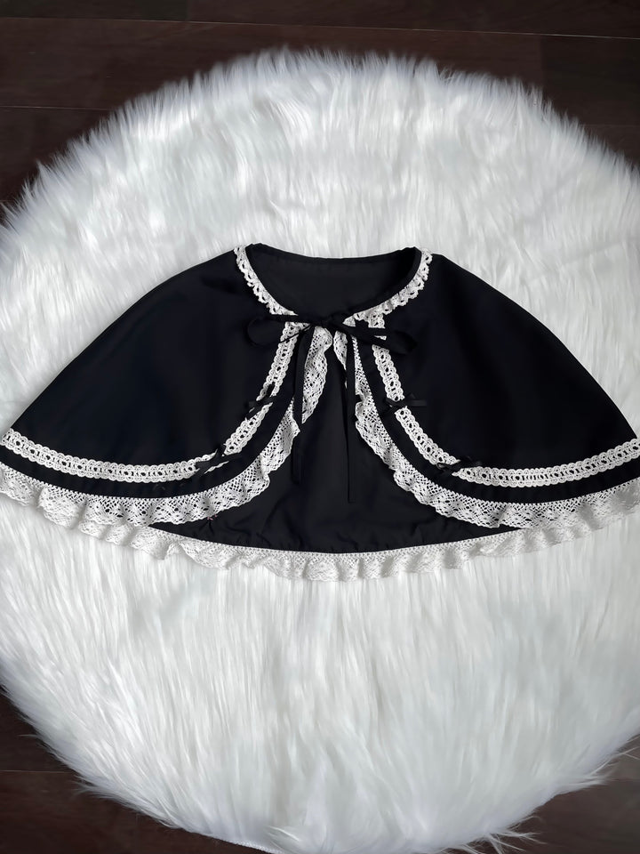Mengfuzi~Doll Heart~Gorgeous Lolita Dress Vintage OP Cape Set S Black and white cape 