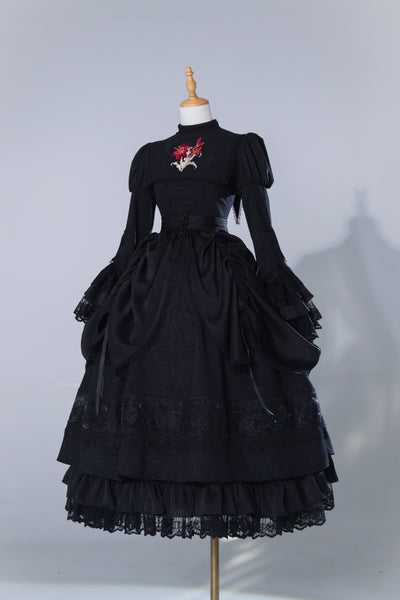 ZJstory~Gothic Nun Lolita OP Dress Lily Embroidery JSK S Black Lily Full Set(OP+Cuffs+Petticoat+Fabric False Collar+Smock+Organza Collar) 