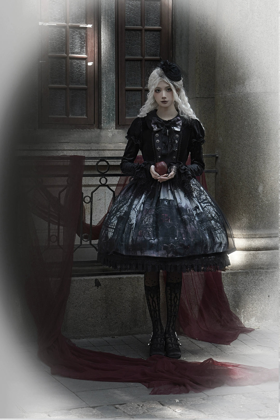 LilithHouse~Horror House~Gothic Lolita OP Set with Cape and Castle Print