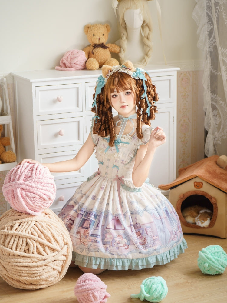 Baduoni~Dream Core Childhood~Kitty Printed Sweet Lolita JSK with Cute Headband