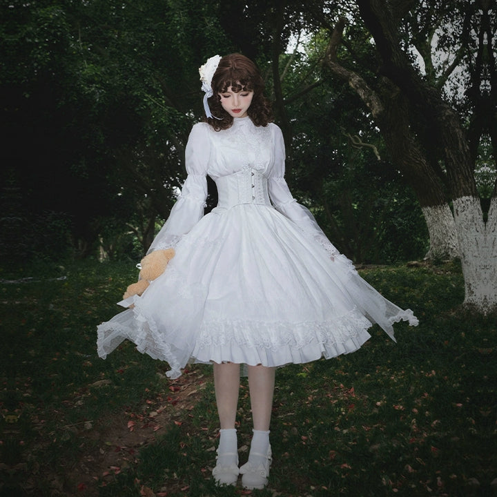 With PUJI~Anhunmeng~Gothic White Lolita OP With Boned Corset Waistband