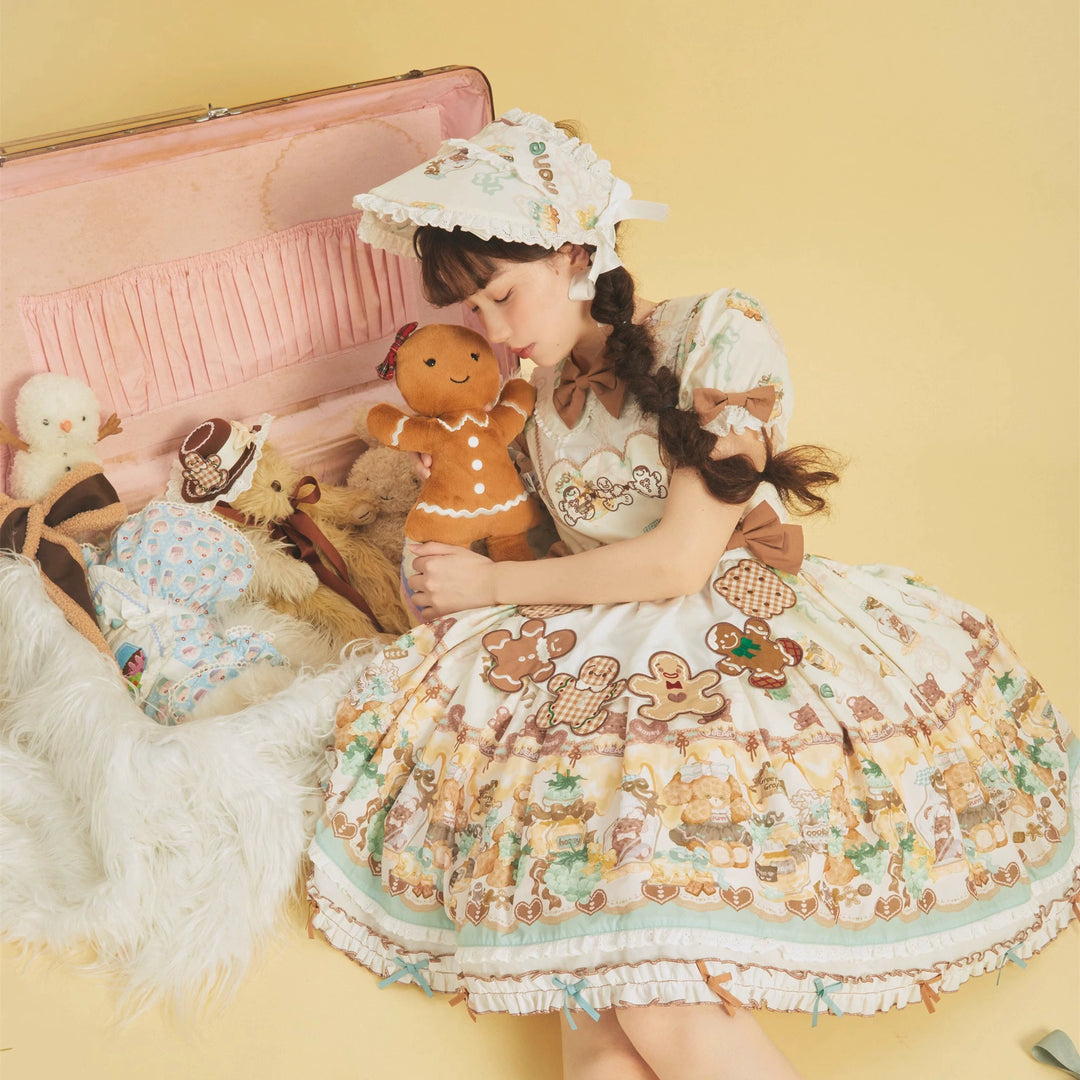 Babyblue~Little Bear Honey Jar~Kawaii Lolita Short Sleeve OP Gingerbread Man Embroidered Dress   