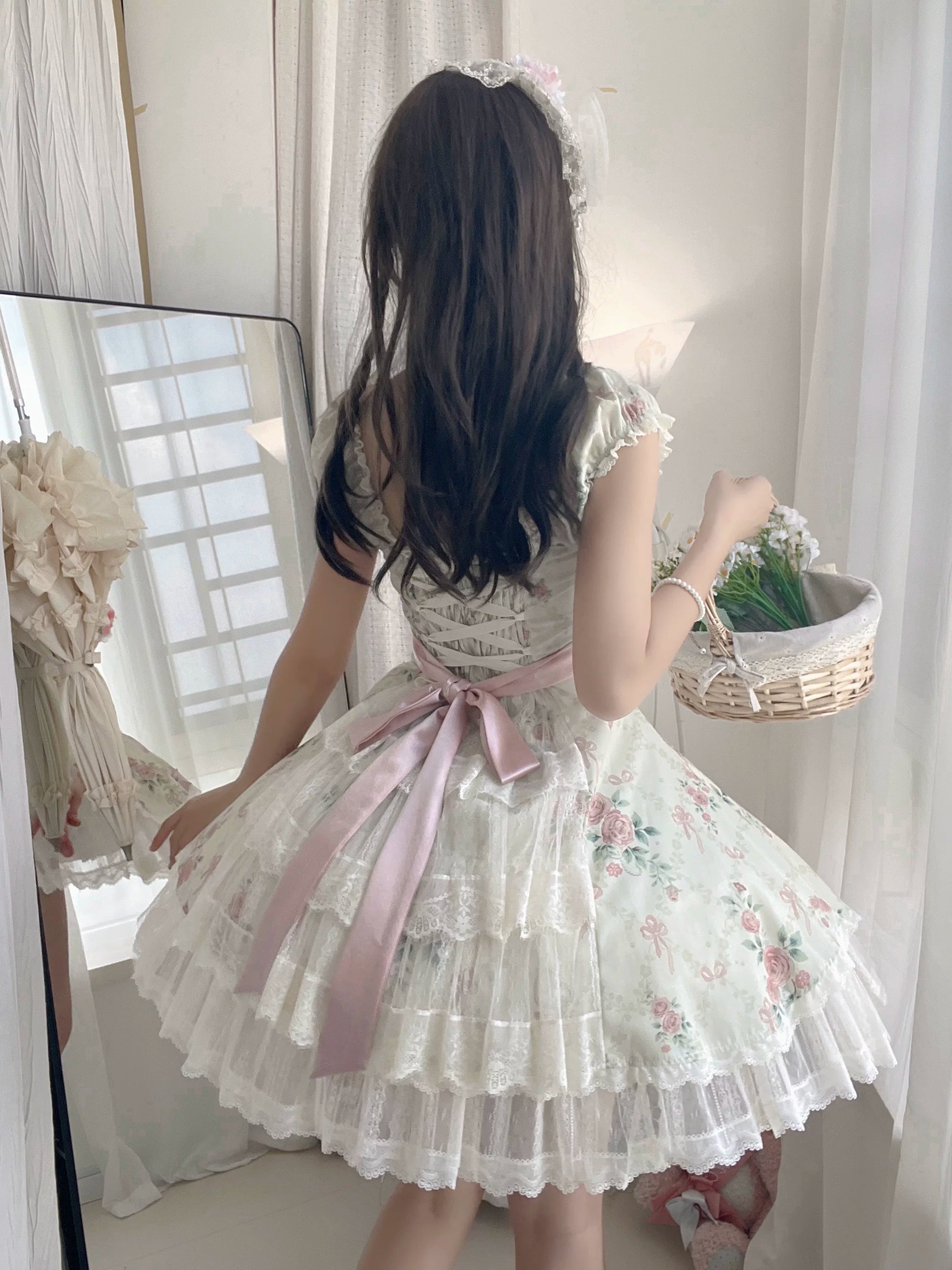 Pearl & Rose - Old School Lolita Floral Print Lolita OP Dress, Back Opening 45925:868408