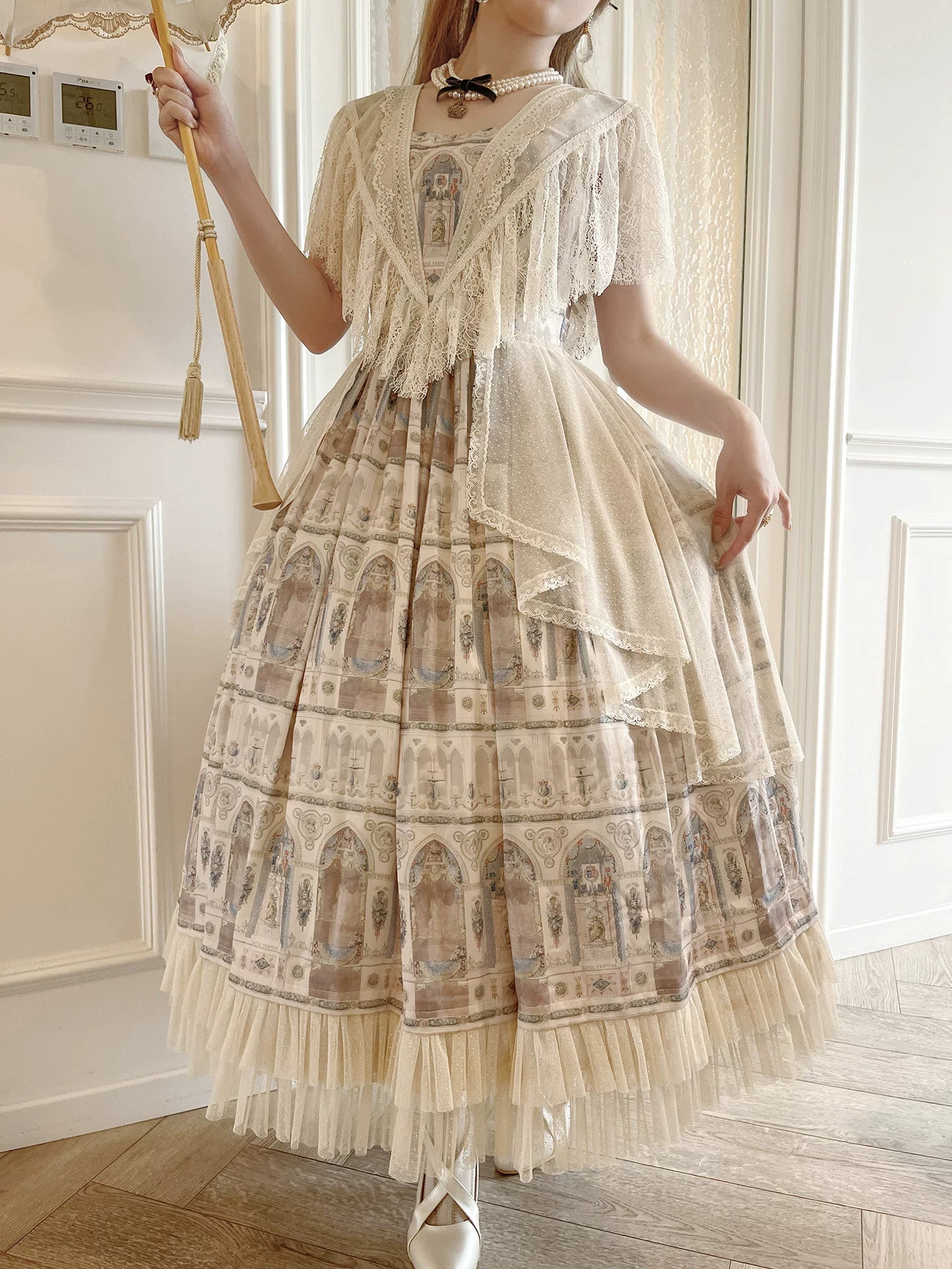 Reims Cathedral - Printed Classic Lolita Dress, Detachable Gauze Outlayer 44701:819178