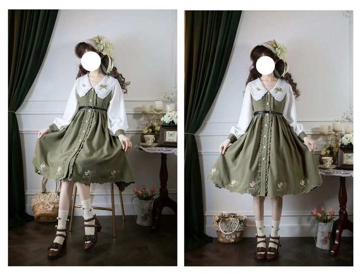 EESSILY~Window Rose~Classic Lolita OP Front Buttoned Embroidery Lolita Dress