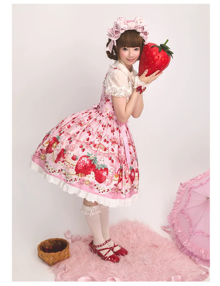 Strawberry Momo Party - Sweet Lolita OP and JSK, Strawberry Print and Cake Embroidery 45548:853172