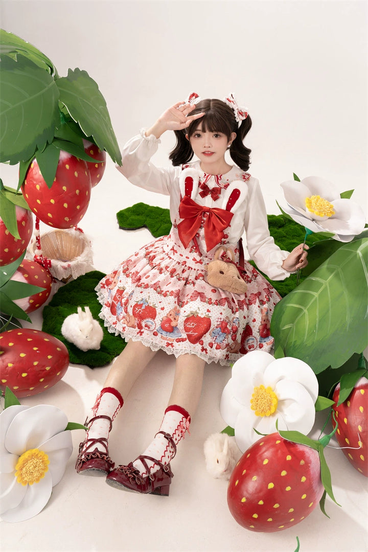 To Alice~Spring Strawberry Bunny~Kawaii Lolita Salopette Dress Hooded Coat and Blouse