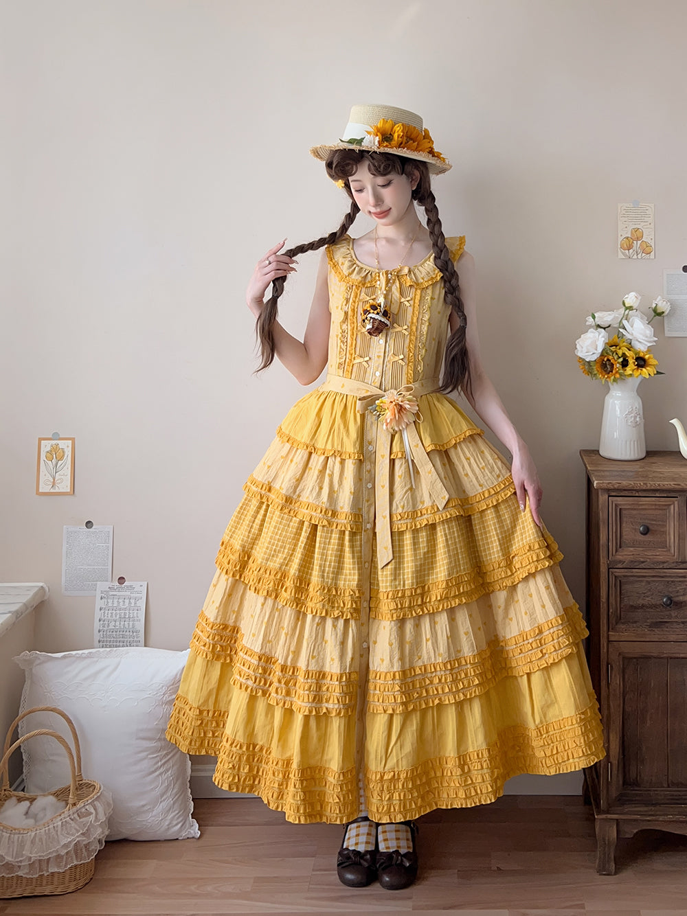 Miss Point~Garden Sunflower~Country Lolita JSK Five-Tiered Open Front Dress 42509:742507