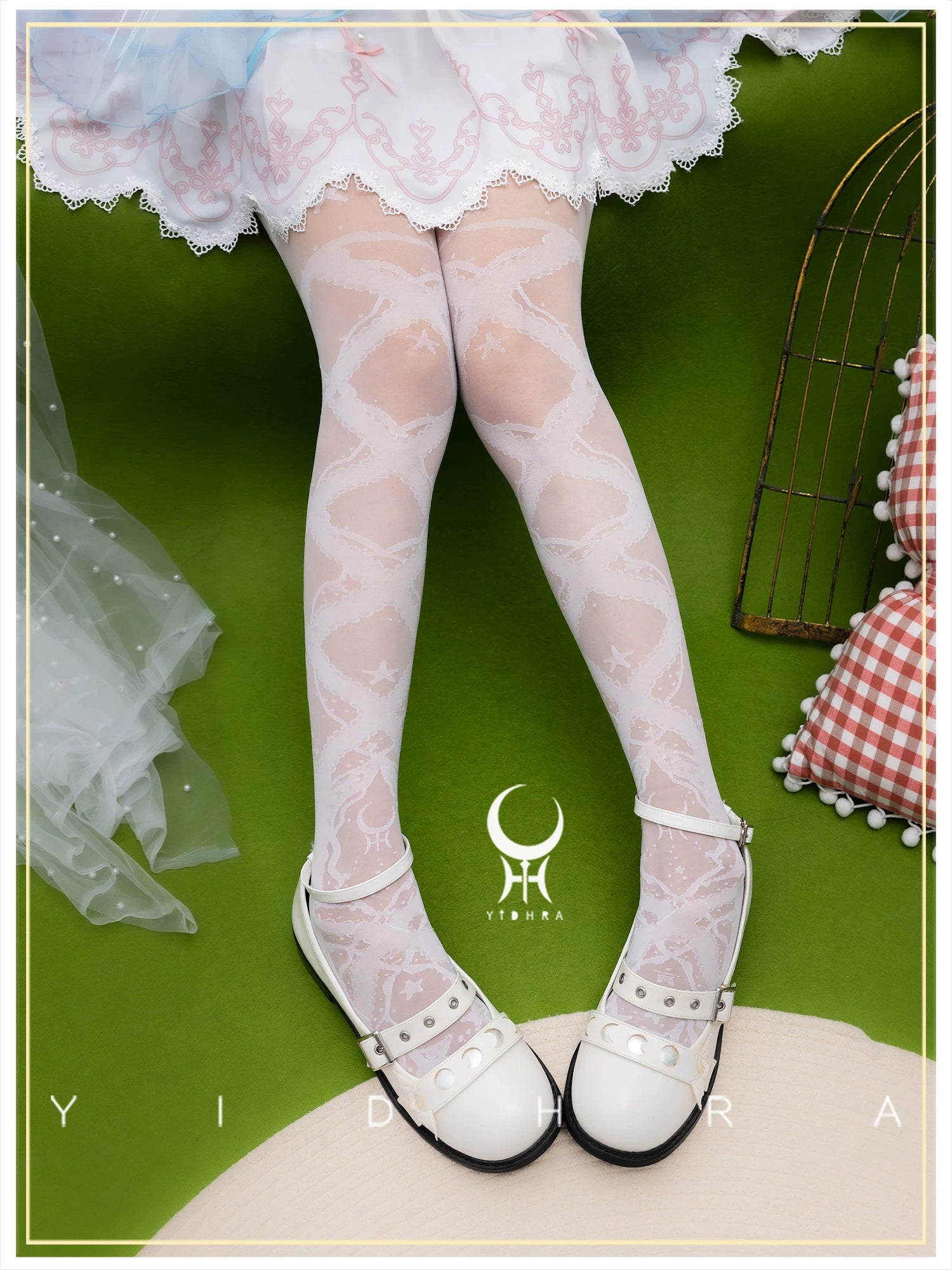 Stretchy Lolita Summer Lace Ribbon Printed Pantyhose (White) 45660:857345
