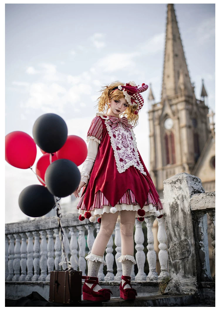 Puppet Mask - Clown Inspired Gothic Lolita OP Dress, Loose Fit 44409:807167