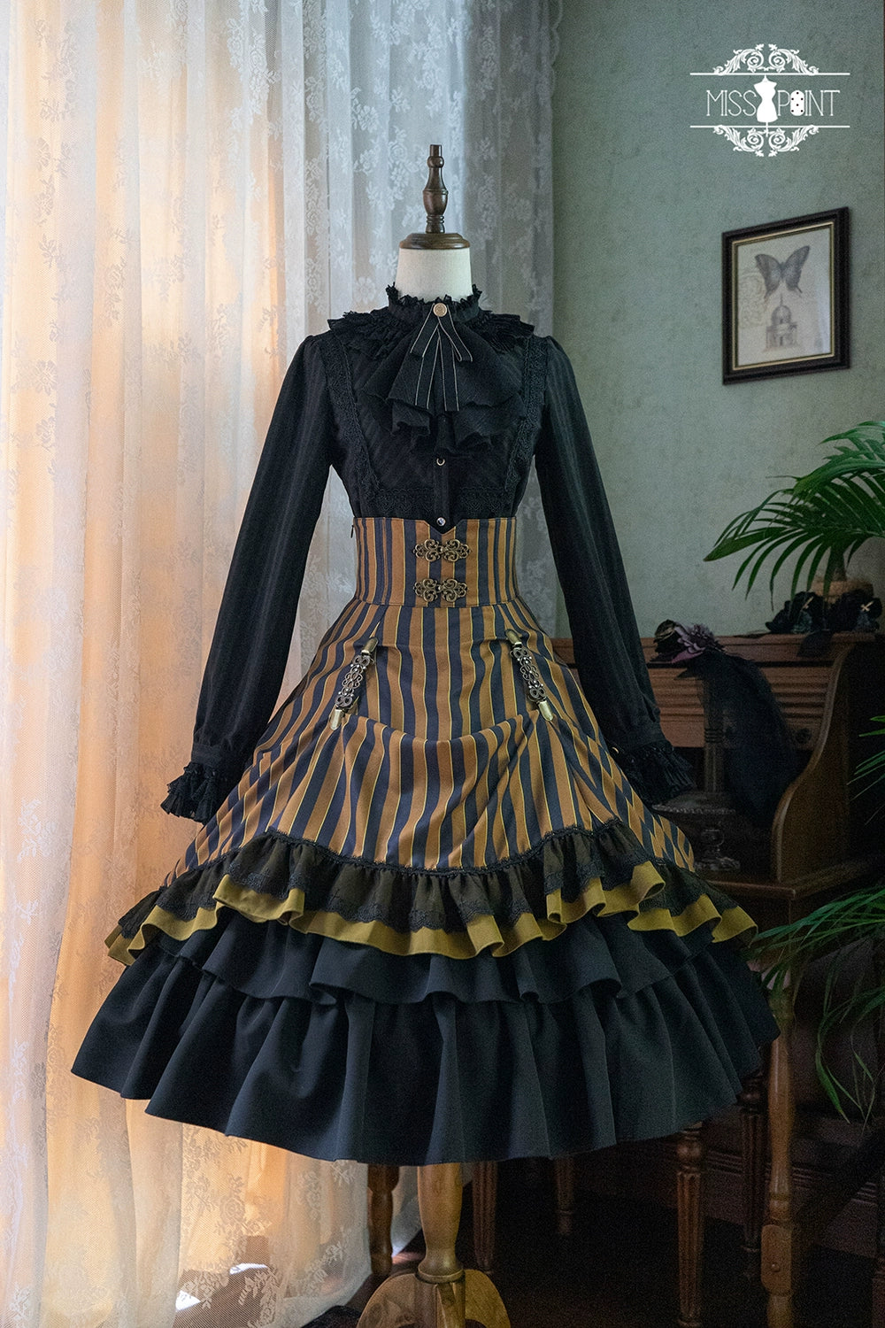 (Buyforme)Miss Point~Customized Lolita Elegant Striped High Waisted Fishbone SK XS yellow stripe 