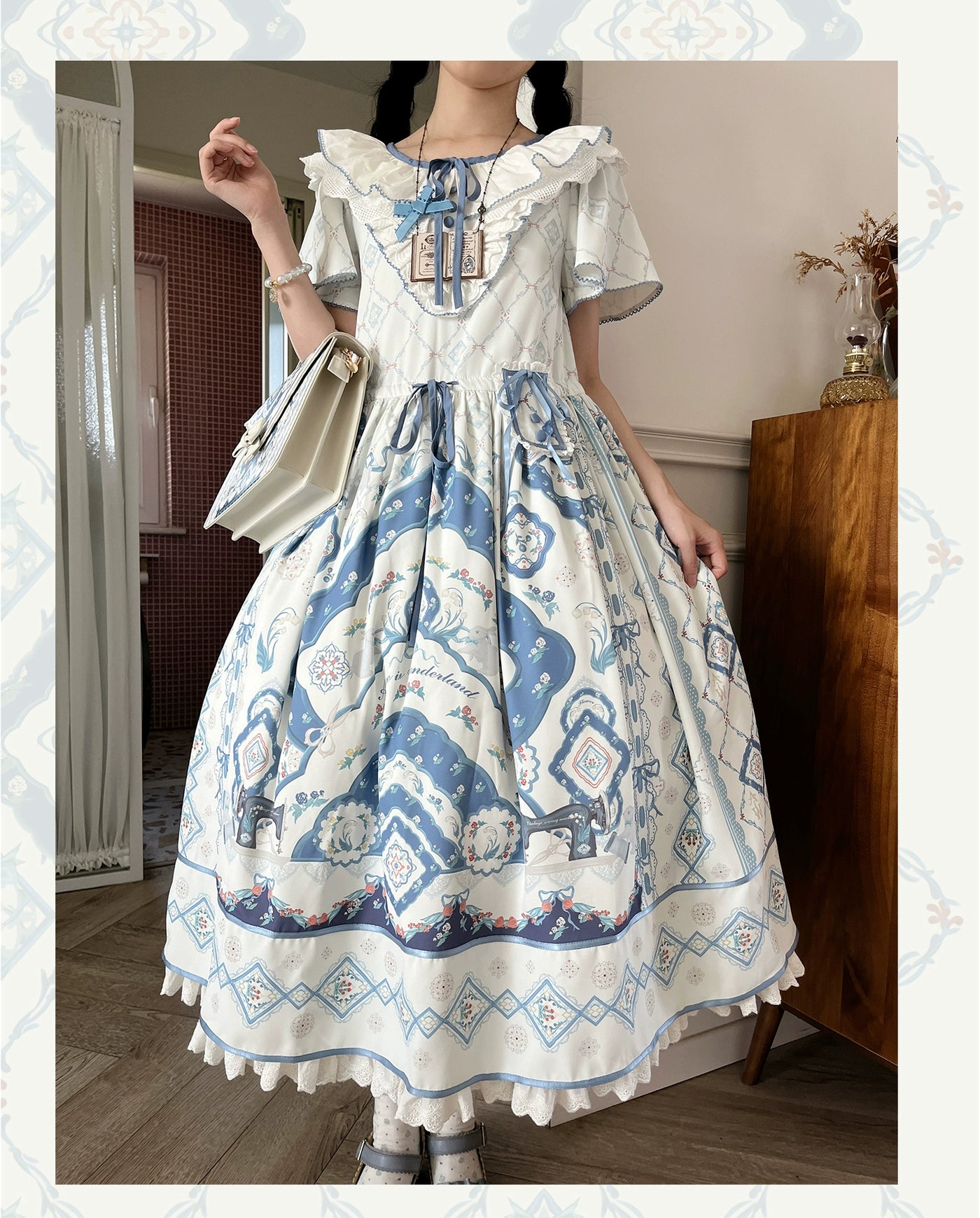 Alice in Wonderland~Rabbit Sewing Machine~Elegant Lolita Bag Floral Print Bow Bag   