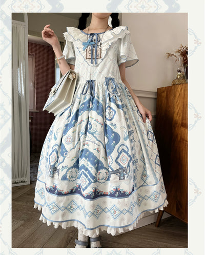 Alice in Wonderland~Rabbit Sewing Machine~Elegant Lolita Dress JSK and OP Floral Dress Set S OP 