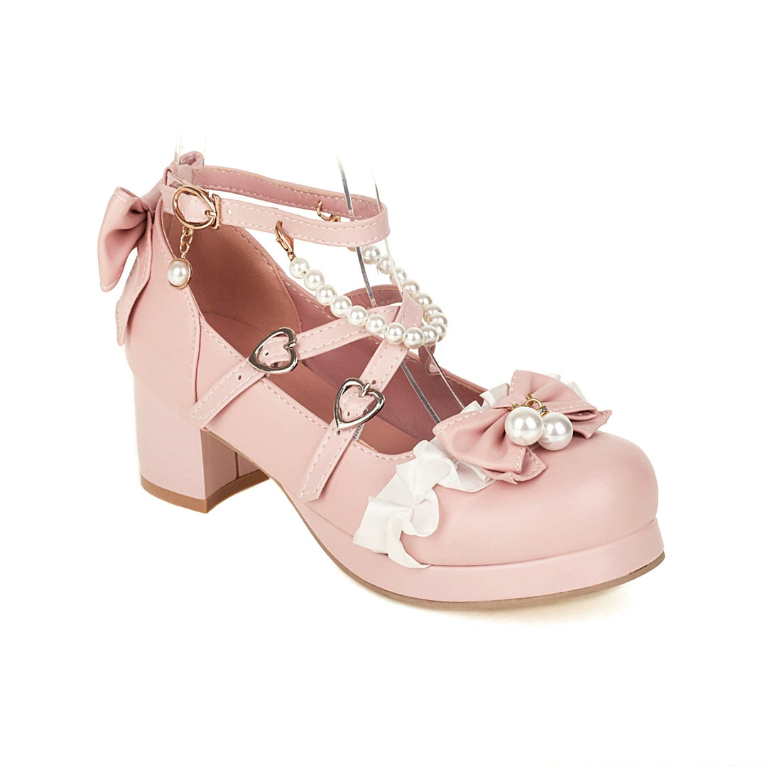 Yana - Round Toe Sweet Lolita Shoes, Detachable Pearl Chain Pink 33