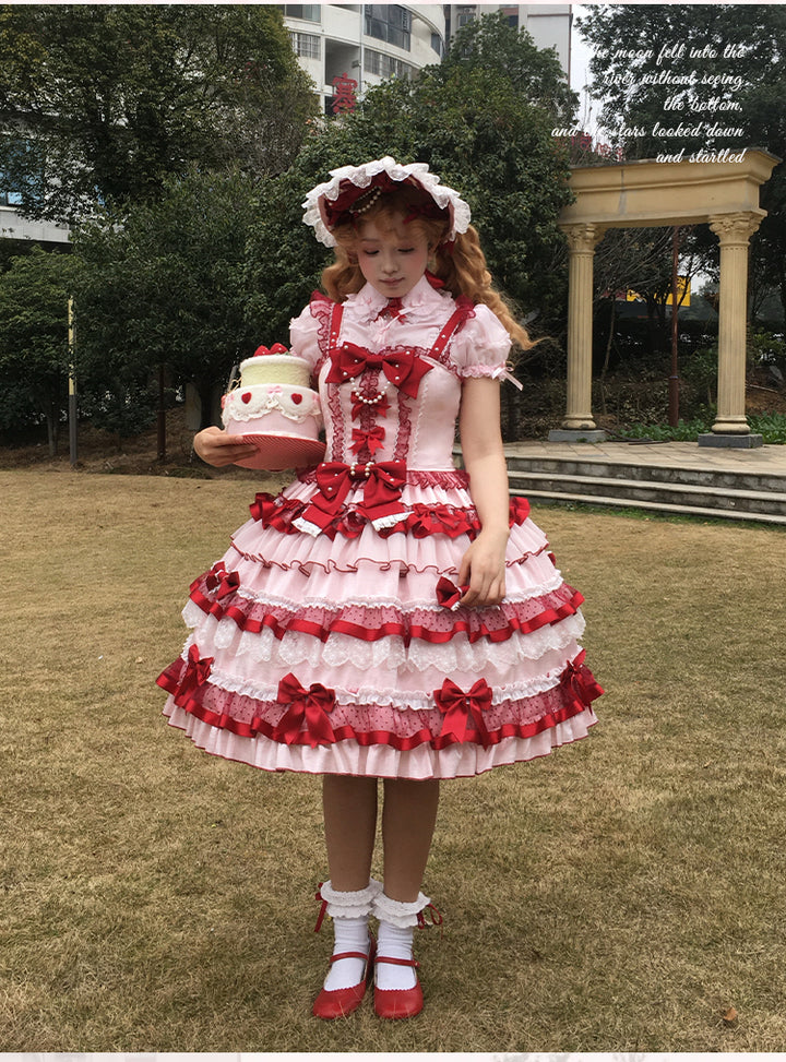 Sakurahime~Ribbon Strawberry~Sweet Lolita JSK and BNT with Old School Lolita Style 42537:744392