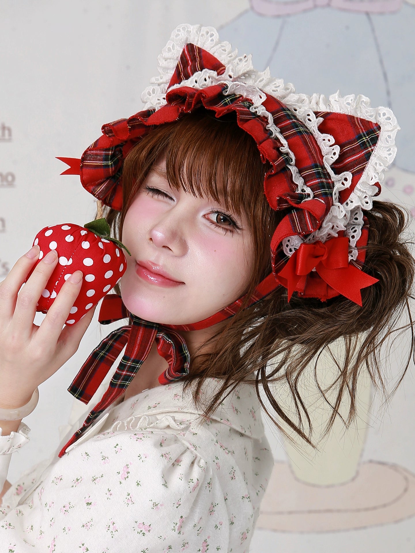 Soso Meme Club - Christmas Sweet Lolita Hairband, Red Plaid Cat Ear 44110:795043