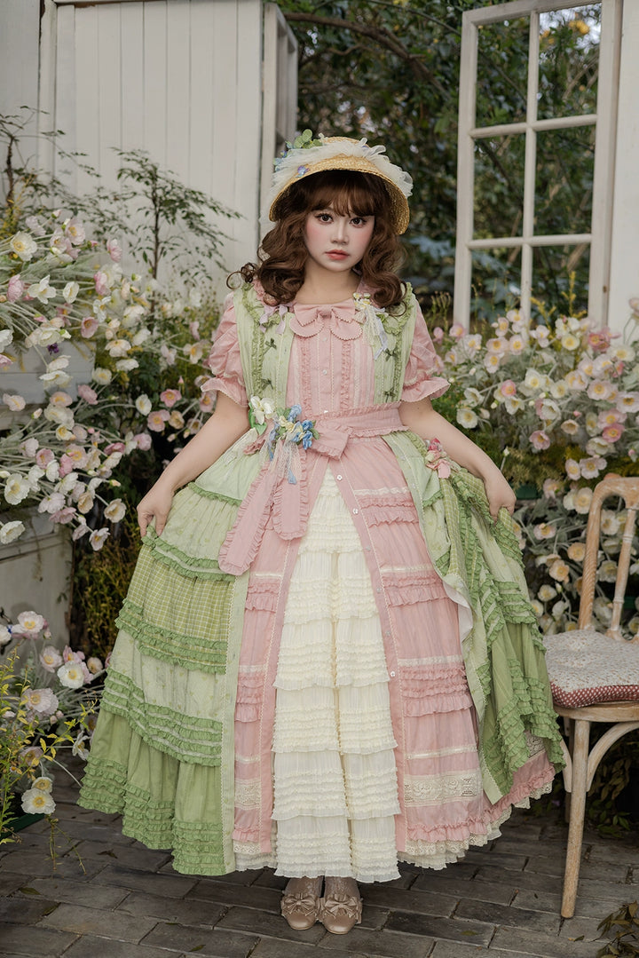 Miss Point~Cat Rose Tea~Elegant Lolita OP Open-front Short Sleeve Tiered Dress 42135:727801