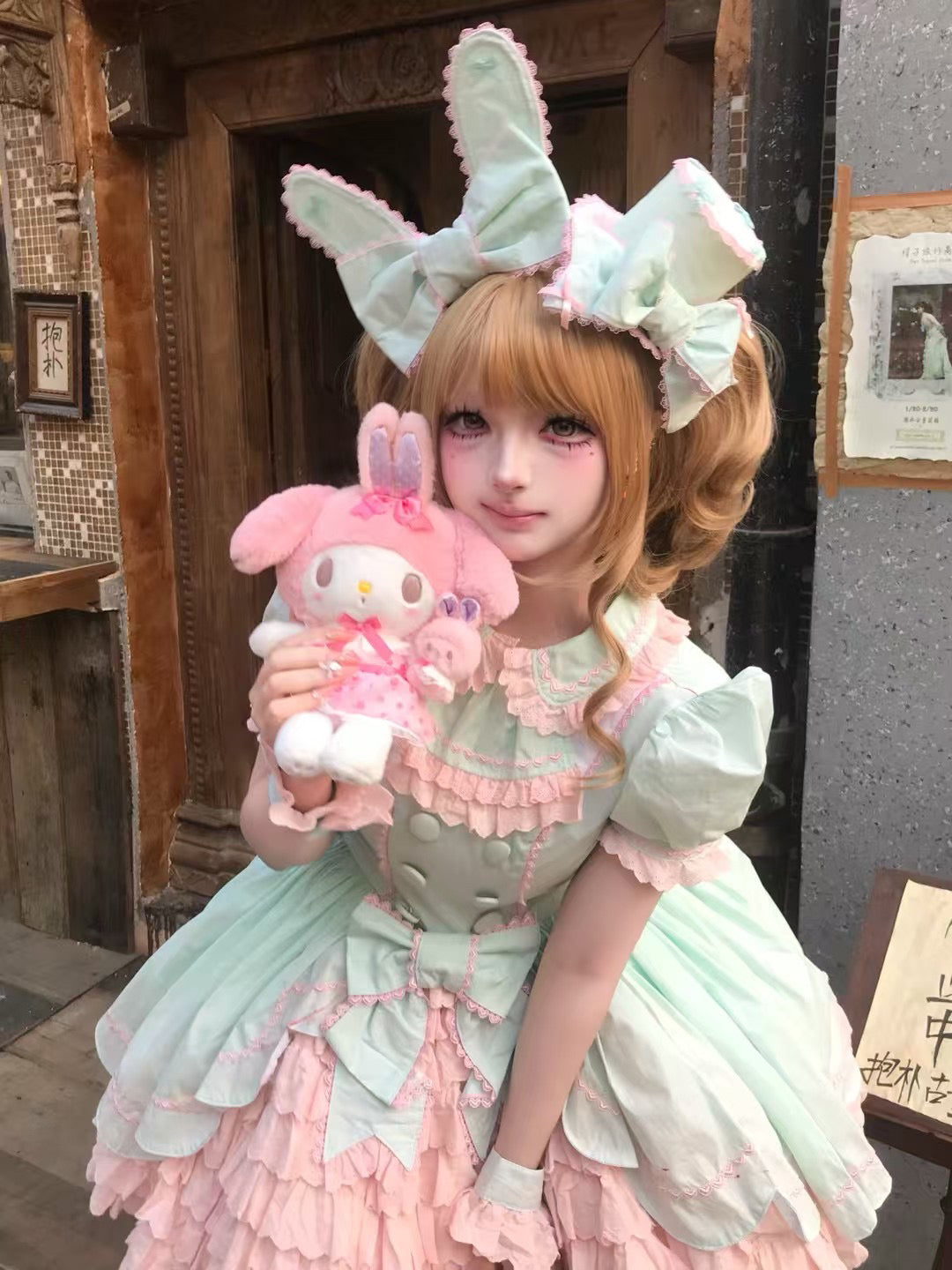 TaTaTa Lolita~Melon Parfait~Old School Lolita OP Suit Pink-Green Sweet Dress 42394:738553