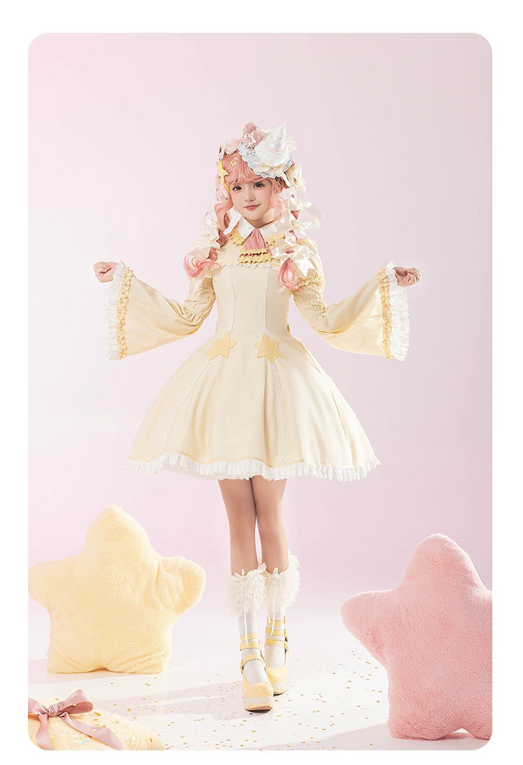 Summer Fairy~Sakura Collab Series~Yellow Lolita OP Dress Star Print   
