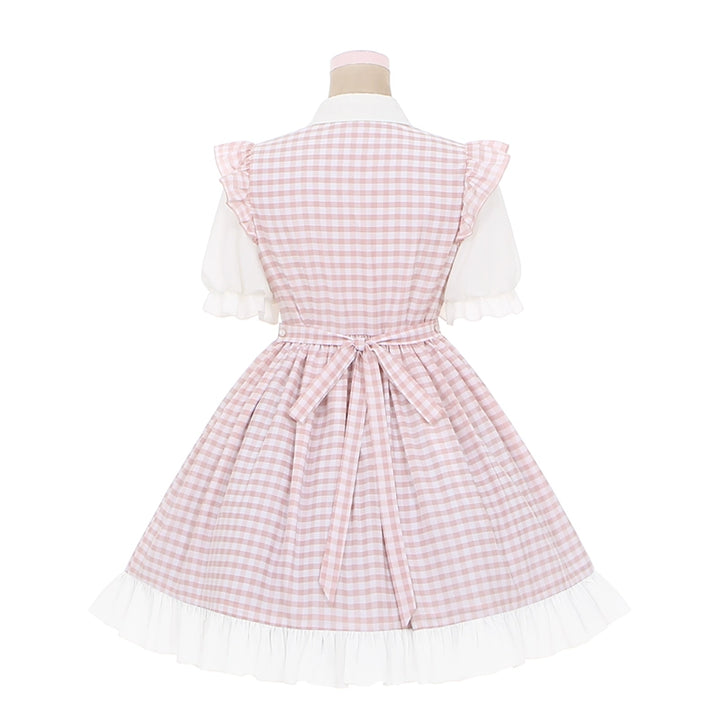 PuppetBombs~Sweet Lolita Dress Pink Plaid Jirai Kei Dress Short Sleeve   