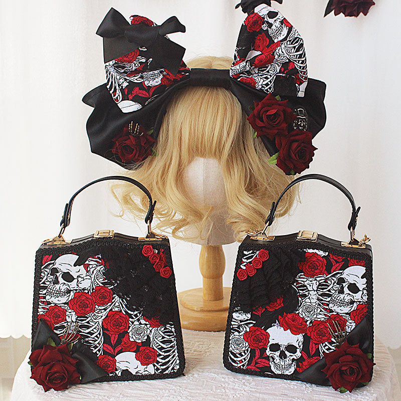 Deer Girl~Gothic Lolita Rose and Skeleton Print Handbag and KC   
