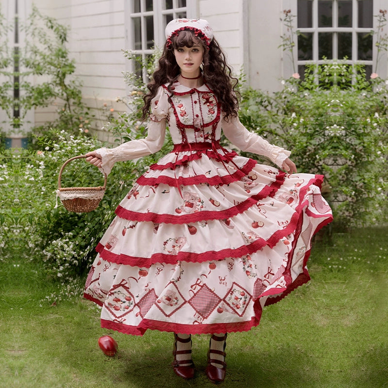 With PUJI~Apple Orchard~Country Lolita SK Embroidered Twins Lolita Top Skirt   